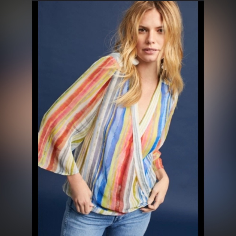 ANTHROPOLOGIE Bl-nk London Chiffon Striped Wrap Top Sheer Size Small